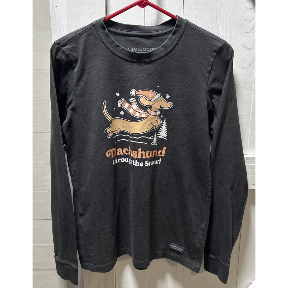 Life is Good Womens S Crusher Tee Black Dachshund Through the Snow Long Sleeve